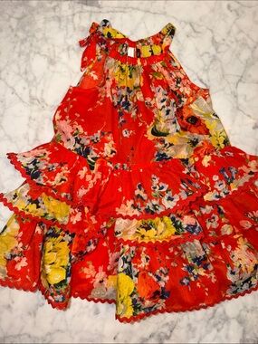 Zimmermann Red Floral Tiered Ruffle Dress 12/18M (1)